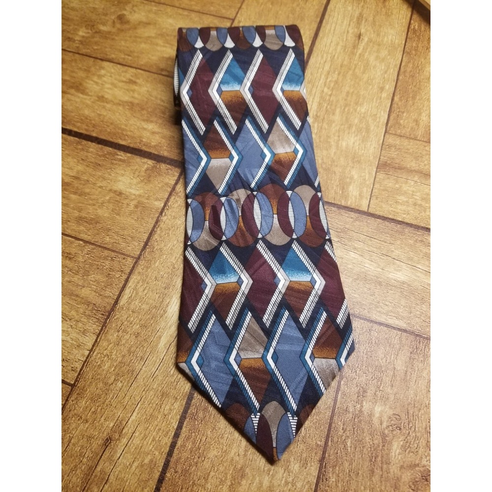 Screenplay by Martin Wong Geometric‎ Burgundy/Blue/Taupe Brown Silk Pointed Tie